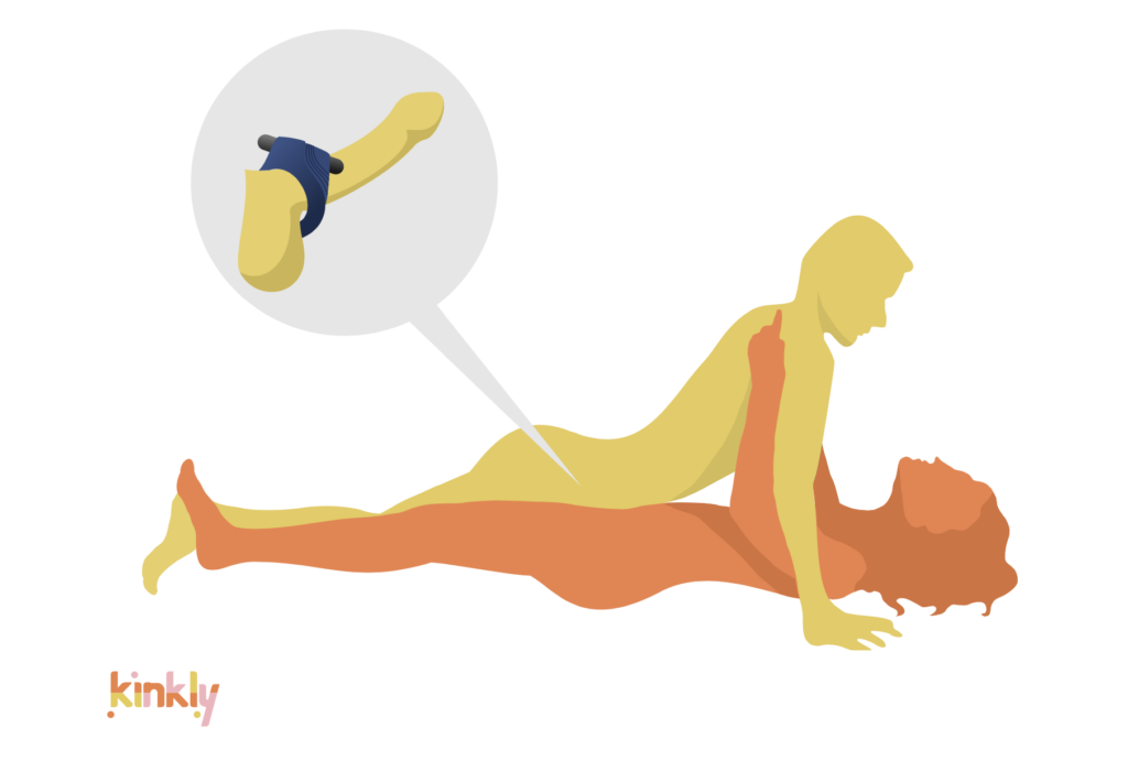 Missionary sex position illustration. The receiving partner is laying flat on their back. The penetrating partner is laying on top of the receiver, knees between the receiver's thighs, to penetrate. An X-Ray ballon shows the penetrating partner wearing a cock ring during sex. | Kinkly