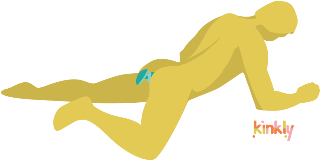 Bed Humping position illustration. A person is laying, face down, pretending to hump. An anal plug is in the person's butt. | Kinkly