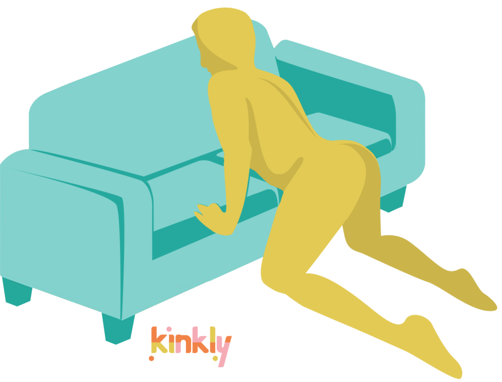 Between the Cushions position. A person with kneeling in front of a couch, kneeling directly in the spot where two cushions meet. Their hips are pushed forwards, like they are sliding their penis in-between the two couch cushions. | Kinkly
