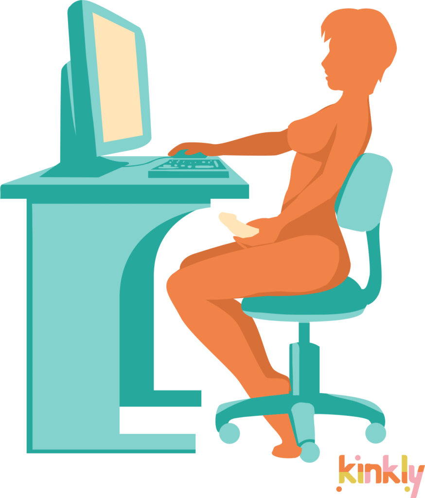 Stroke and Scroll sex position illustration. A person is sitting at a desk chair in front of a computer screen. One hand is using the mouse on their computer while their other hand is stroking an erect penis. | Kinkly